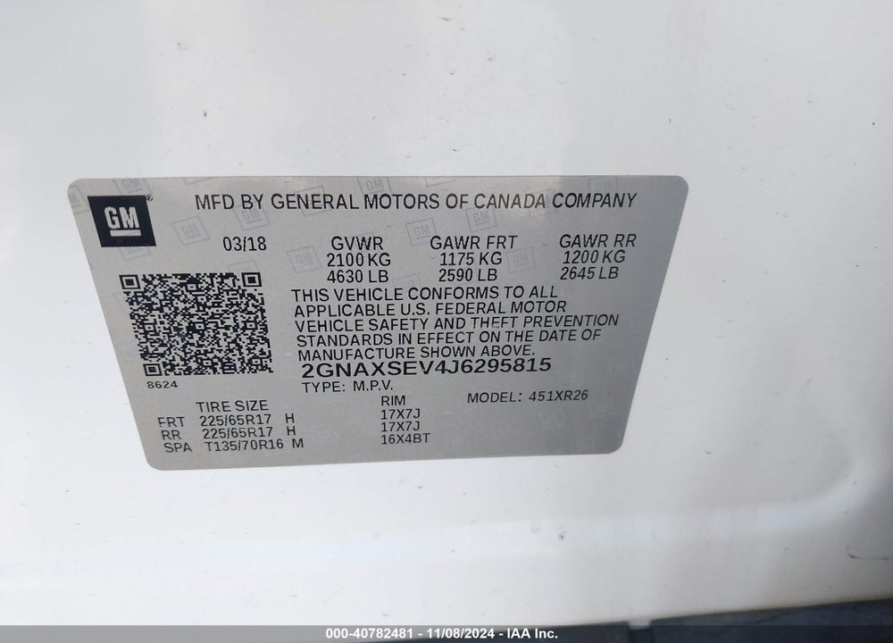 2018 CHEVROLET EQUINOX LT VIN: 2GNAXSEV4J6295815