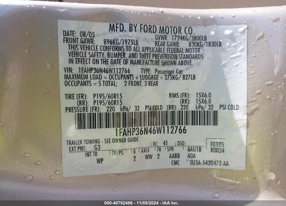 2006 FORD FOCUS VIN: 1FAHP36N46W112766