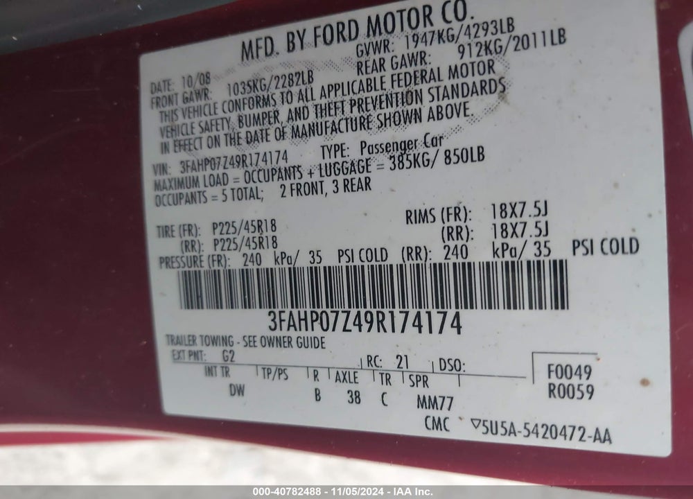2009 FORD FUSION SE VIN: 3FAHP07Z49R174174