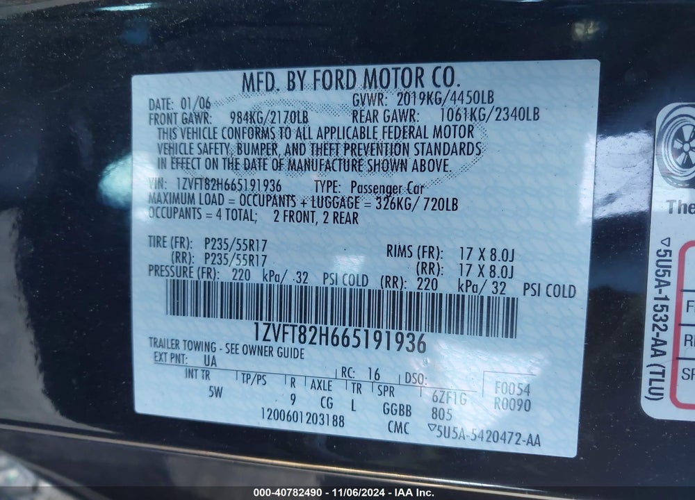 2006 FORD MUSTANG GT VIN: 1ZVFT82H665191936