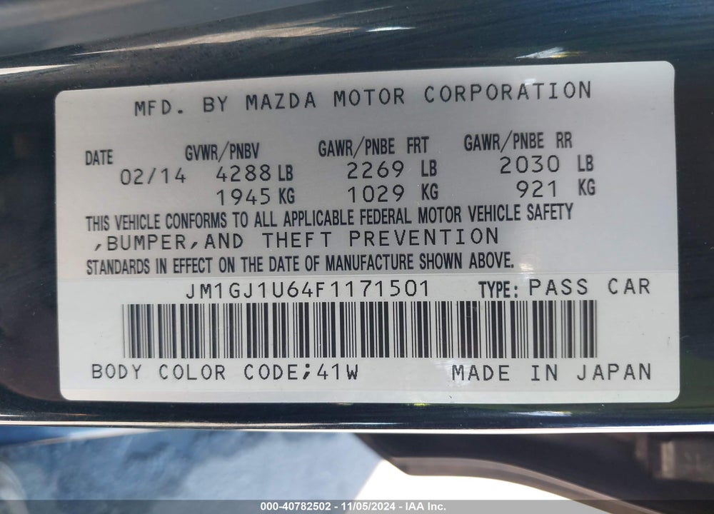 2015 MAZDA 6 I SPORT VIN: JM1GJ1U64F1171501