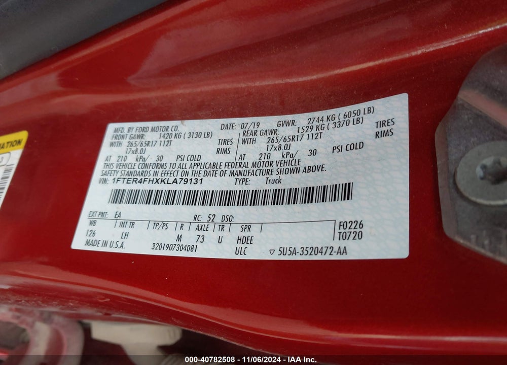 2019 FORD RANGER VIN: 1FTER4FHXKLA79131
