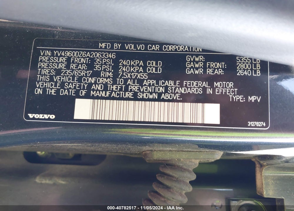 2010 VOLVO XC60 3.2 VIN: YV4960DZ6A2063346