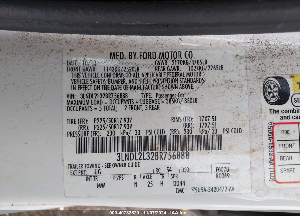 2011 LINCOLN MKZ HYBRID VIN: 3LNDL2L32BR756888