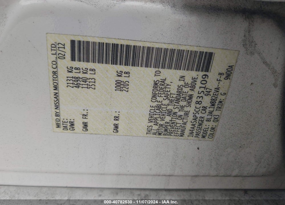 2012 NISSAN MAXIMA 3.5 SV VIN: 1N4AA5AP5CC835109