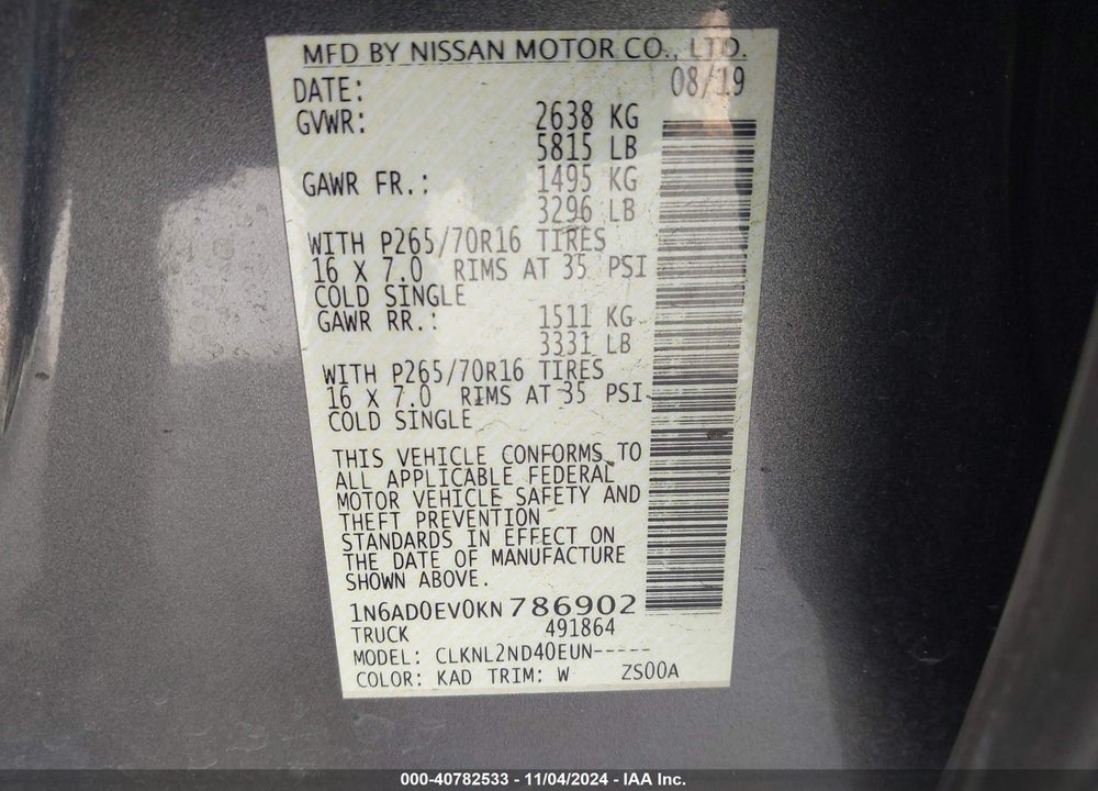2019 NISSAN FRONTIER SV VIN: 1N6AD0EV0KN786902