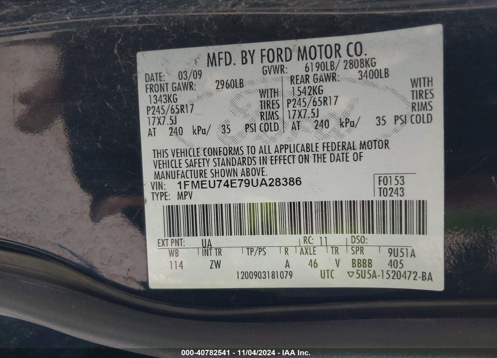 2009 FORD EXPLORER EDDIE BAUER VIN: 1FMEU74E79UA28386