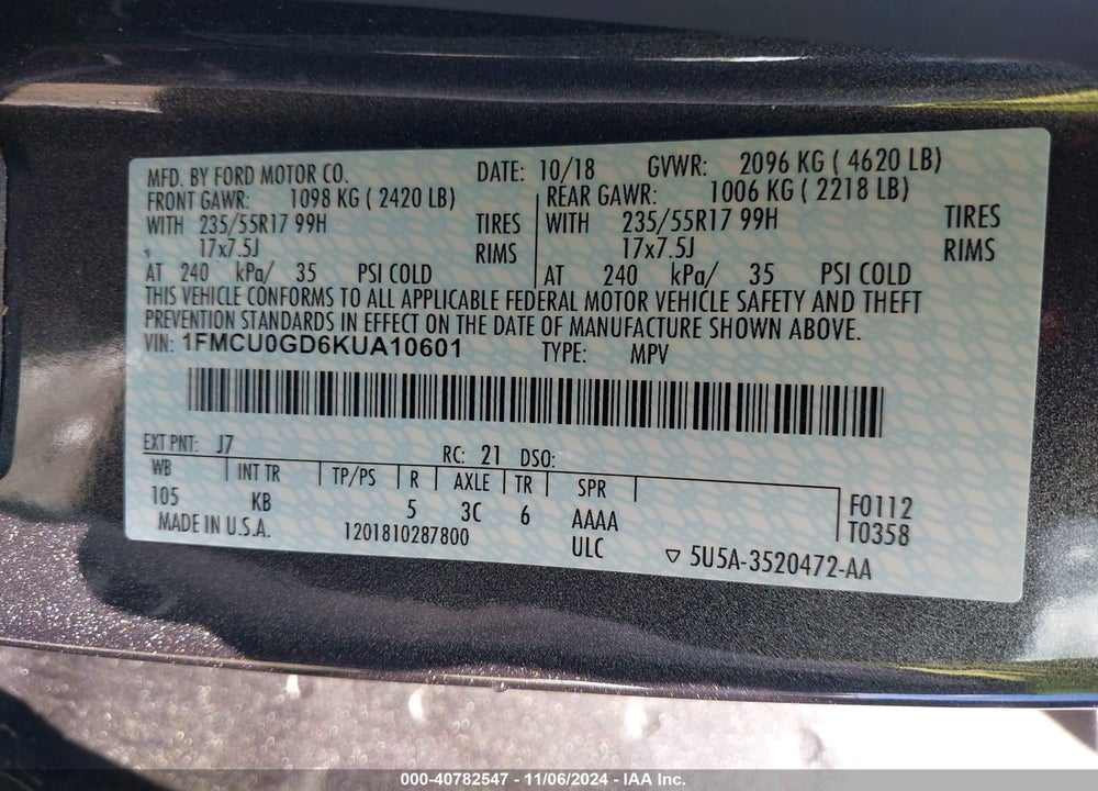 2019 FORD ESCAPE SE VIN: 1FMCU0GD6KUA10601