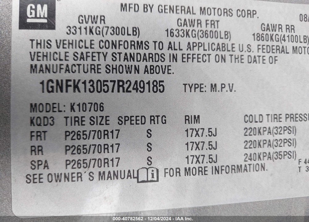 2007 CHEVROLET TAHOE LT VIN: 1GNFK13057R249185