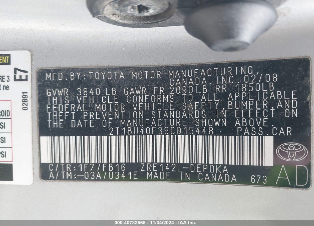 2009 TOYOTA COROLLA VIN: 2T1BU40E39C015448