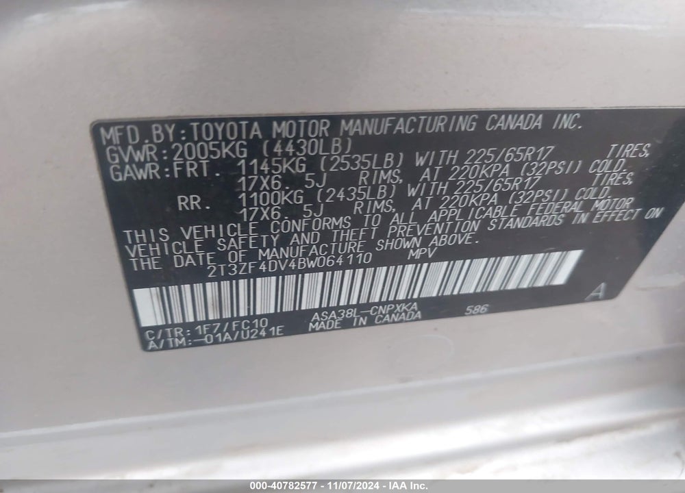 2011 TOYOTA RAV4 VIN: 2T3ZF4DV4BW064110