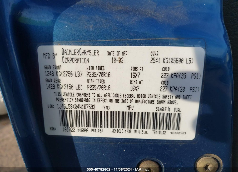 2004 JEEP LIBERTY LIMITED EDITION VIN: 1J4GL58K04W167593