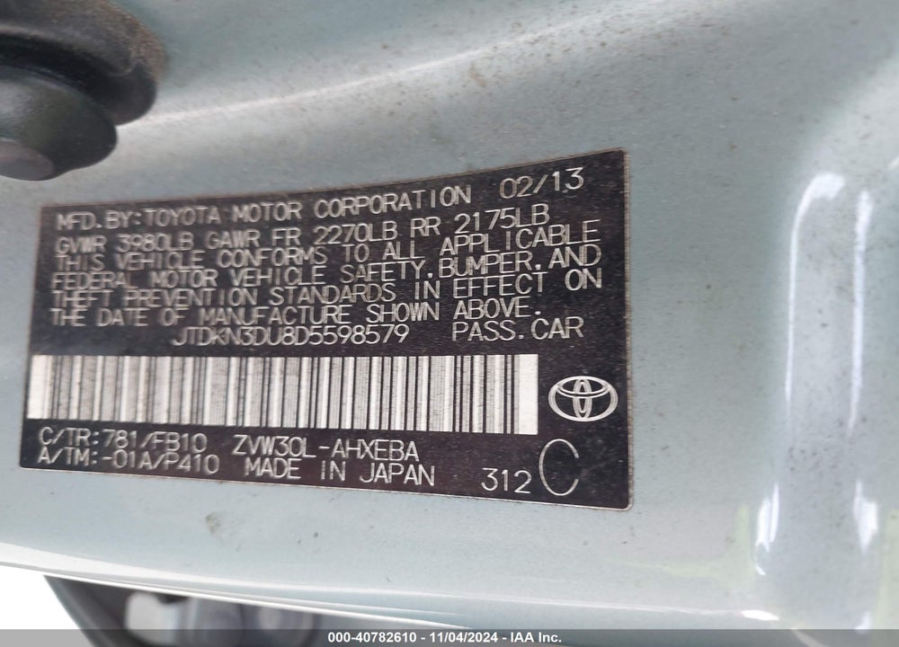 2013 TOYOTA PRIUS VIN: JTDKN3DU8D5598579