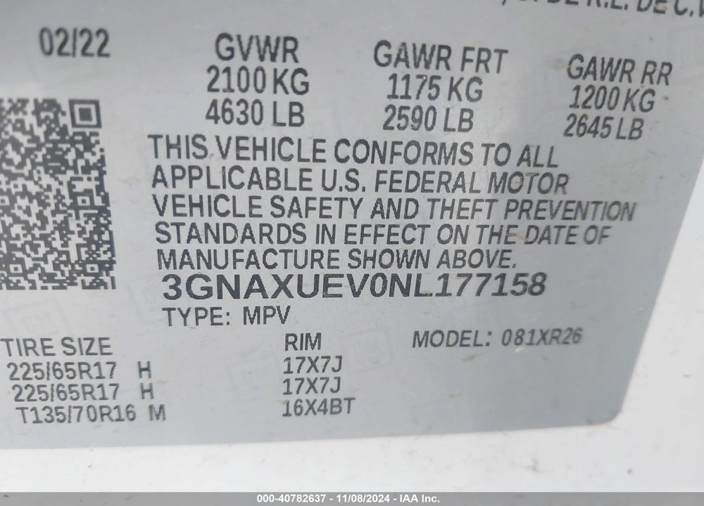 2022 CHEVROLET EQUINOX VIN: 3GNAXUEV0NL177158