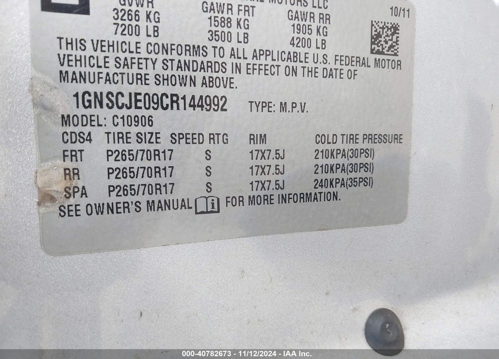 2012 CHEVROLET SUBURBAN 1500 LT VIN: 1GNSCJE09CR144992