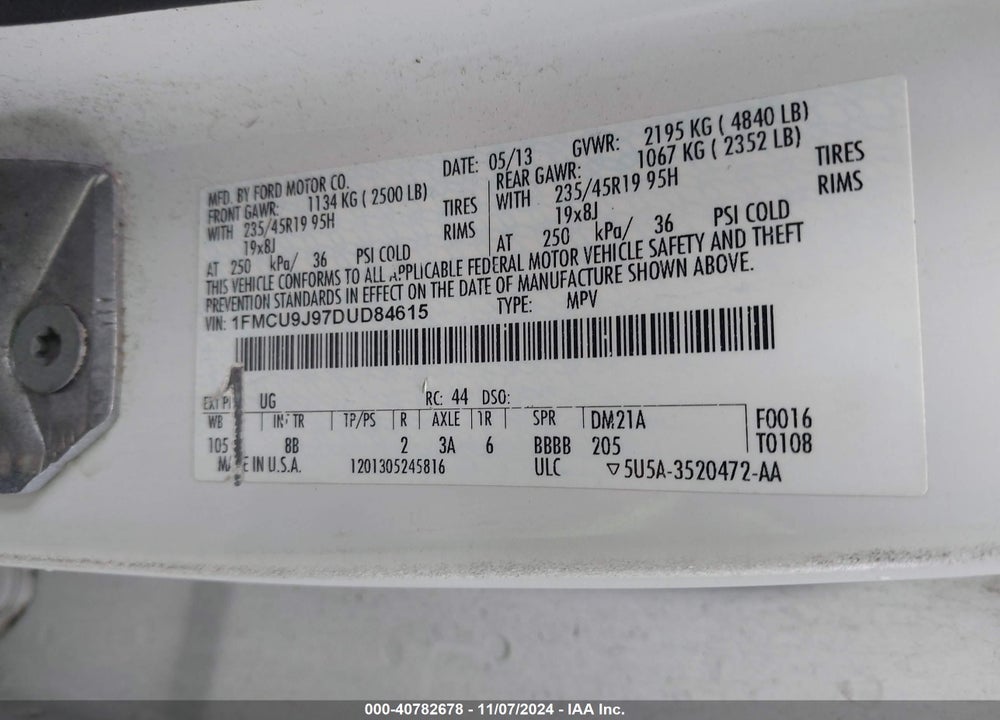 2013 FORD ESCAPE TITANIUM VIN: 1FMCU9J97DUD84615