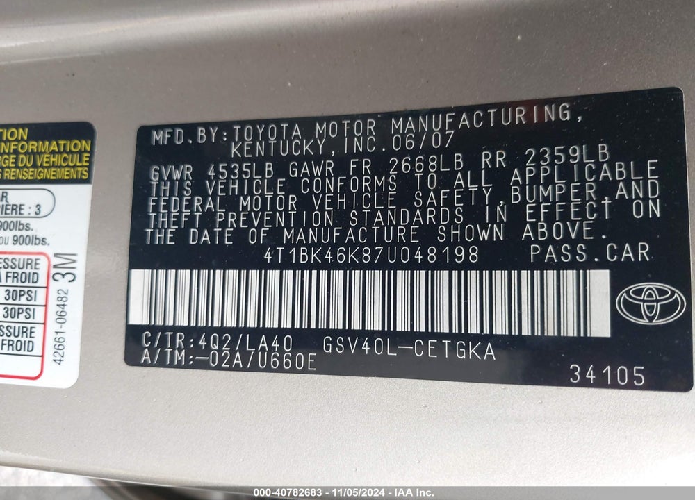 2007 TOYOTA CAMRY XLE V6 VIN: 4T1BK46K87U048198