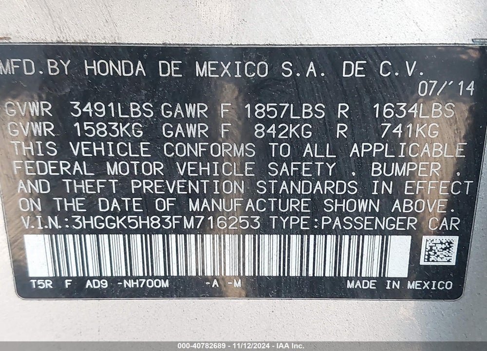 2015 HONDA FIT EX/EX-L VIN: 3HGGK5H83FM716253
