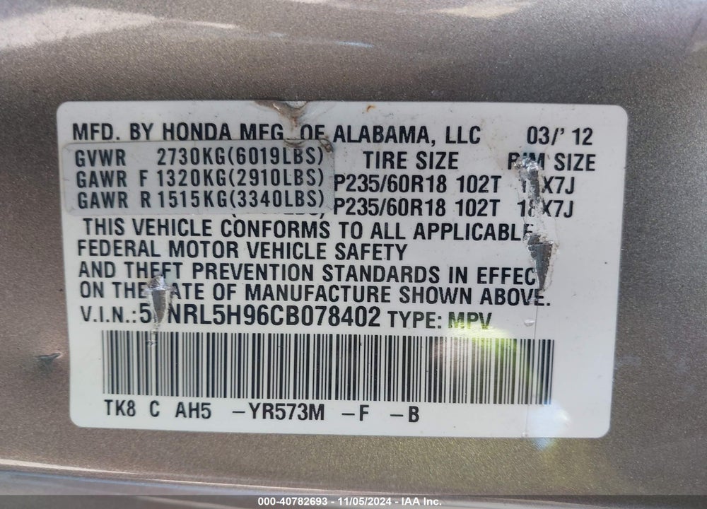 2012 HONDA ODYSSEY TOURING/TOURING ELITE VIN: 5FNRL5H96CB078402