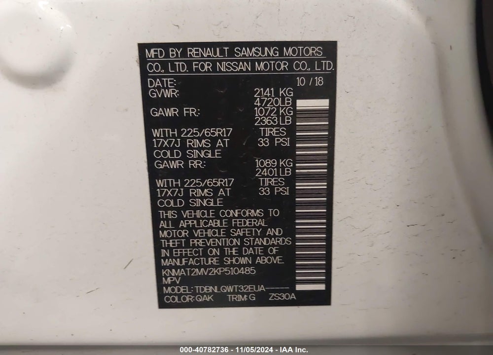 2019 NISSAN ROGUE SV VIN: KNMAT2MV2KP510485