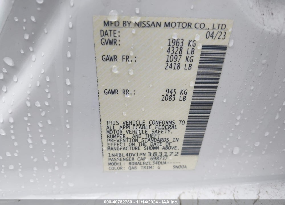2023 NISSAN ALTIMA SV FWD VIN: 1N4BL4DV1PN383172