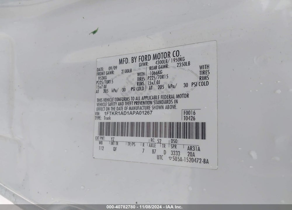 2010 FORD RANGER XL/XLT VIN: 1FTKR1AD1APA01267