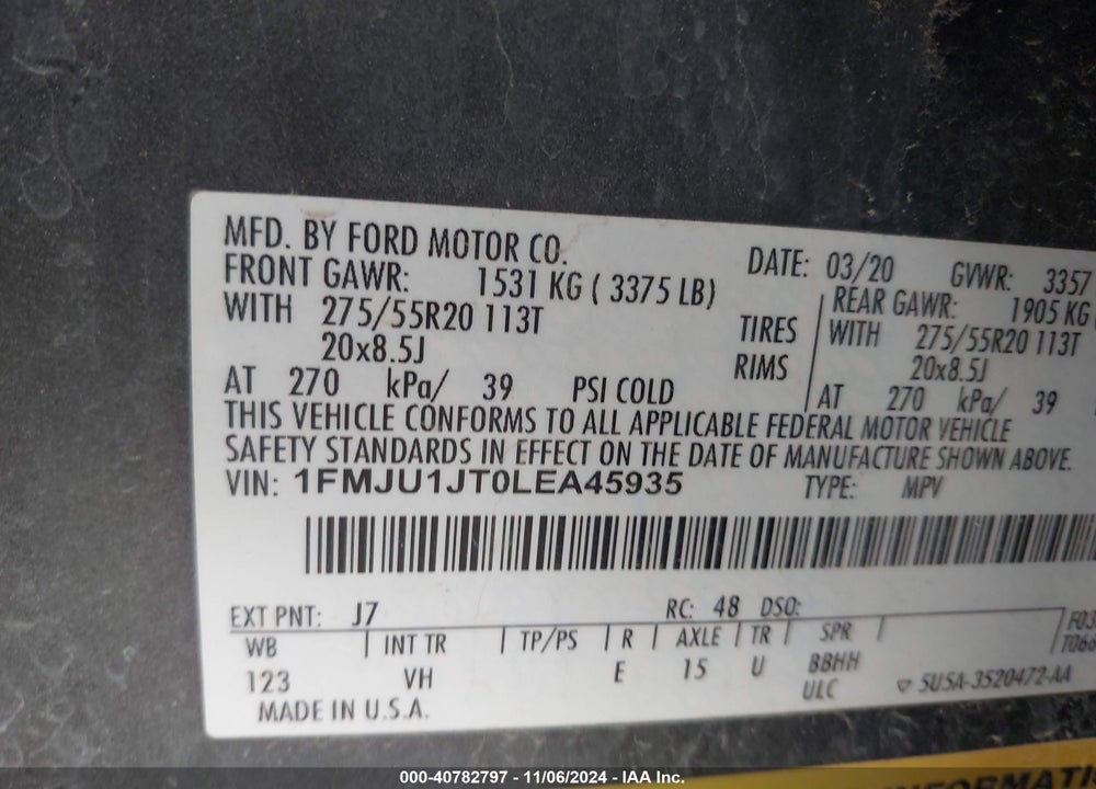 2020 FORD EXPEDITION XLT VIN: 1FMJU1JT0LEA45935
