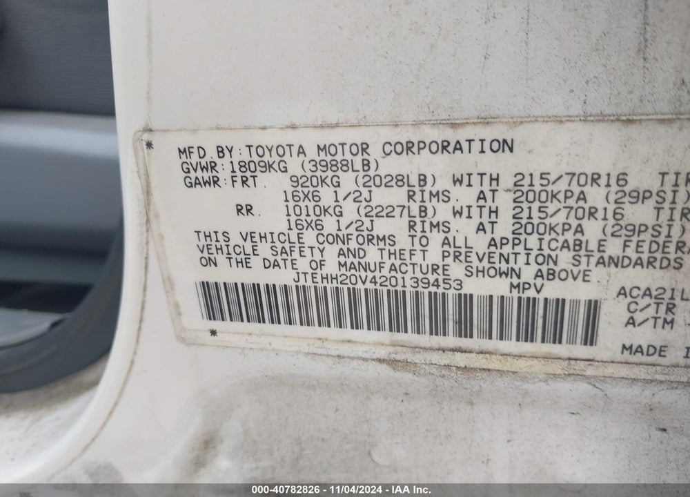 2002 TOYOTA RAV4 VIN: JTEHH20V420139453