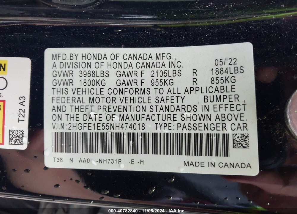 2022 HONDA CIVIC SI SEDAN VIN: 2HGFE1E55NH474018