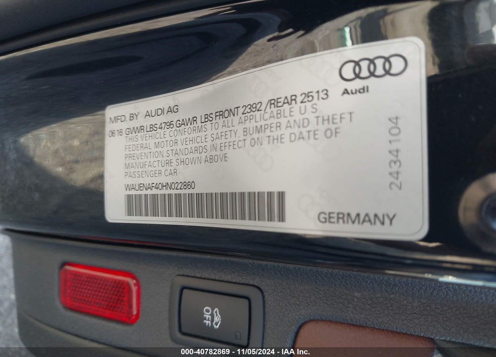 2017 AUDI A4 2.0T PREMIUM VIN: WAUENAF40HN022860