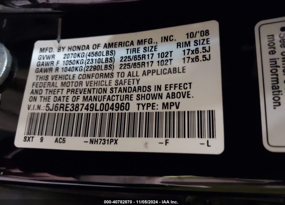 2009 HONDA CR-V EX-L VIN: 5J6RE38749L004960