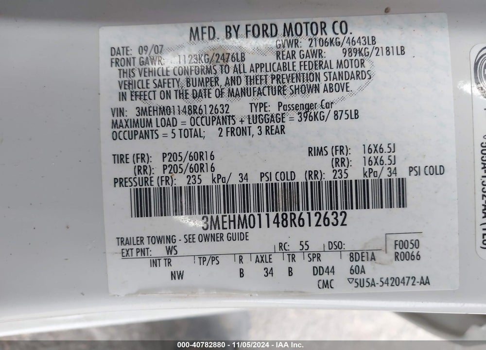2008 MERCURY MILAN V6 VIN: 3MEHM01148R612632