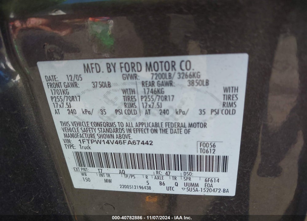 2006 FORD F-150 FX4/LARIAT/XLT VIN: 1FTPW14V46FA67442