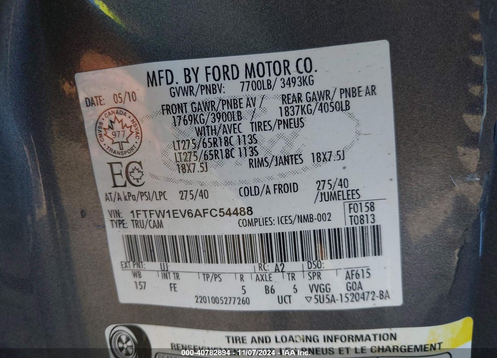 2010 HARLEY-DAVIDSON FORD F-150 FX4//KING RANCH/LARIAT/PLATINUM/XL/XLT VIN: 1FTFW1EV6AFC54488
