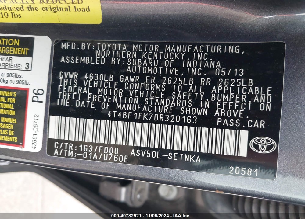 2013 TOYOTA CAMRY LE VIN: 4T4BF1FK7DR320163
