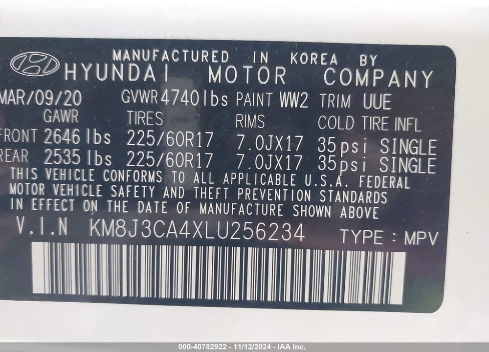 2020 HYUNDAI TUCSON VALUE VIN: KM8J3CA4XLU256234