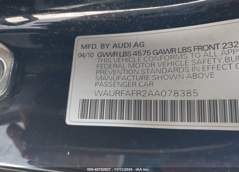 2010 AUDI A5 2.0T PREMIUM VIN: WAURFAFR2AA078385