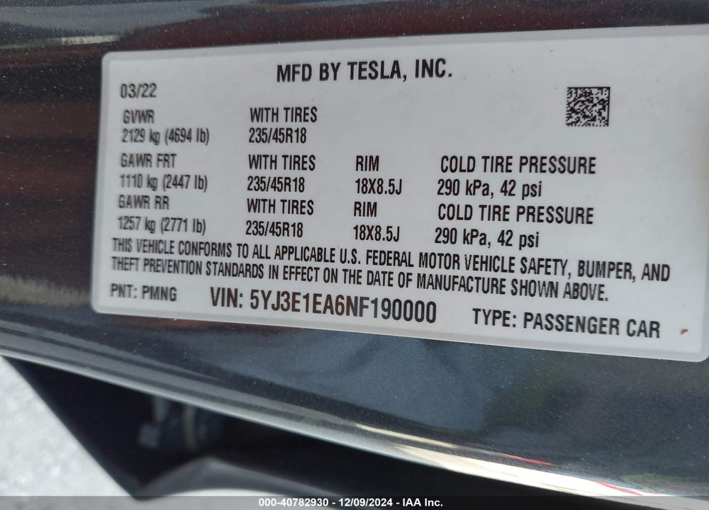 2022 TESLA MODEL 3 REAR-WHEEL DRIVE VIN: 5YJ3E1EA6NF190000