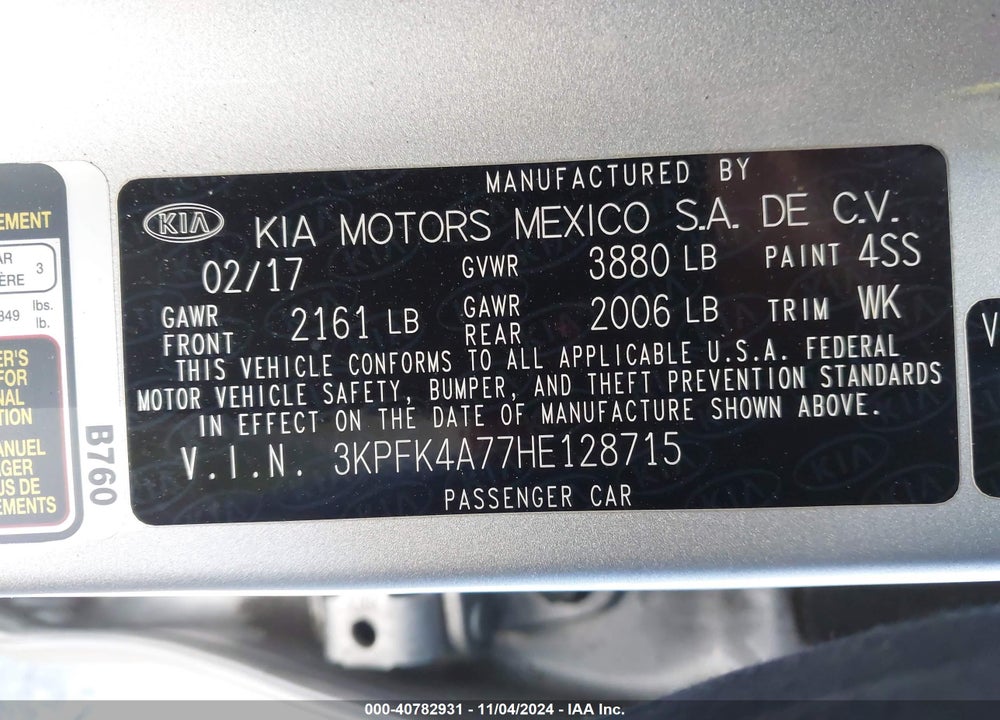 2017 KIA FORTE LX VIN: 3KPFK4A77HE128715