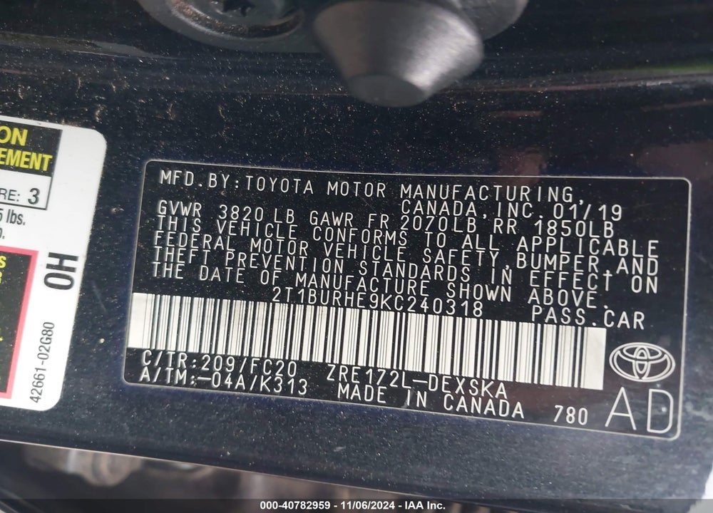 2019 TOYOTA COROLLA SE VIN: 2T1BURHE9KC240318