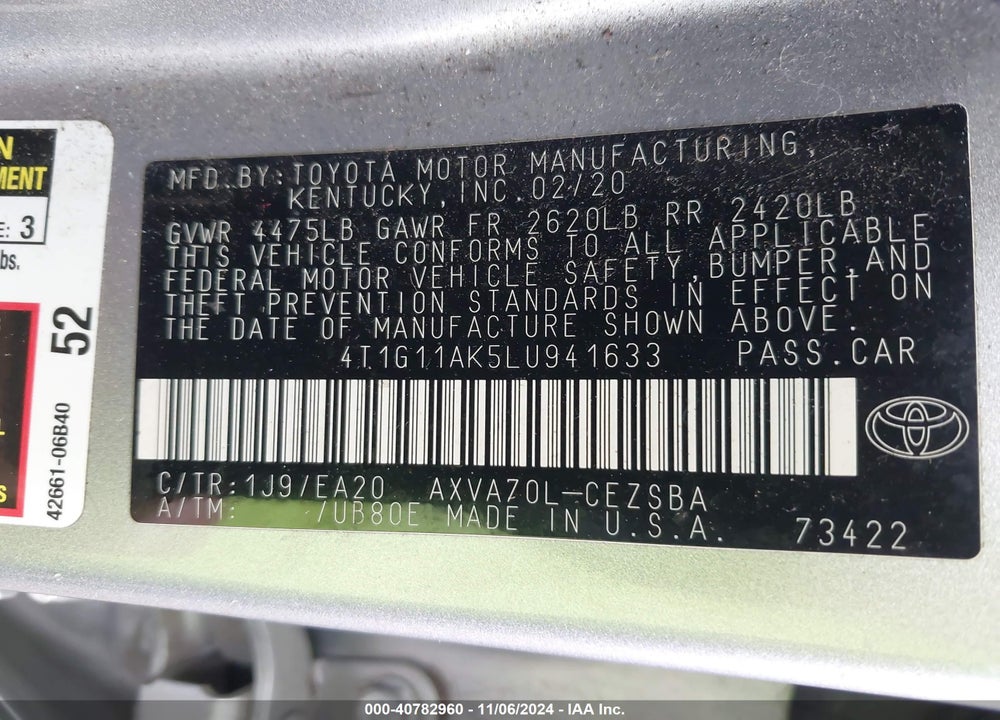 2020 TOYOTA CAMRY SE VIN: 4T1G11AK5LU941633