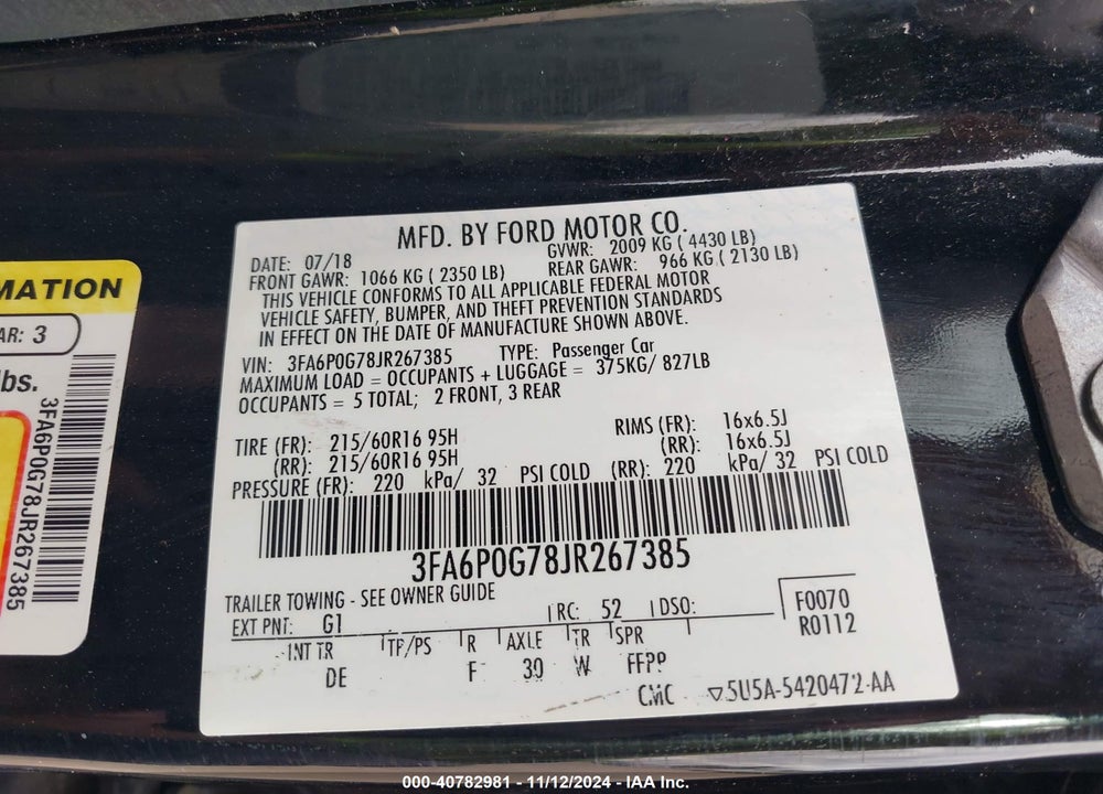 2018 FORD FUSION S VIN: 3FA6P0G78JR267385