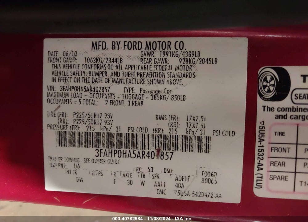 2010 FORD FUSION SE VIN: 3FAHP0HA5AR402857