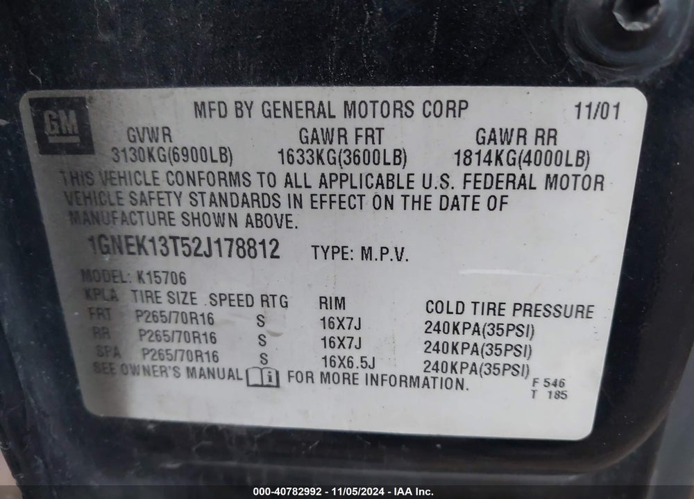 2001 CHEVROLET SILVERADO 1500HD LS VIN: 1GCGK13U11F159511