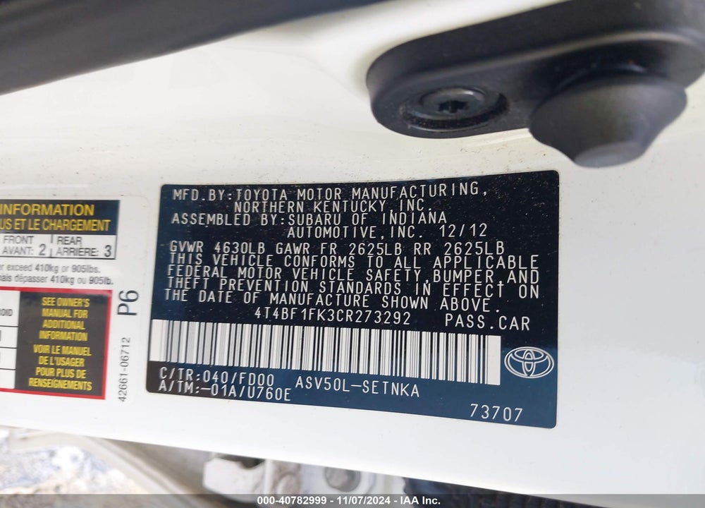 2012 TOYOTA CAMRY LE VIN: 4T4BF1FK3CR273292