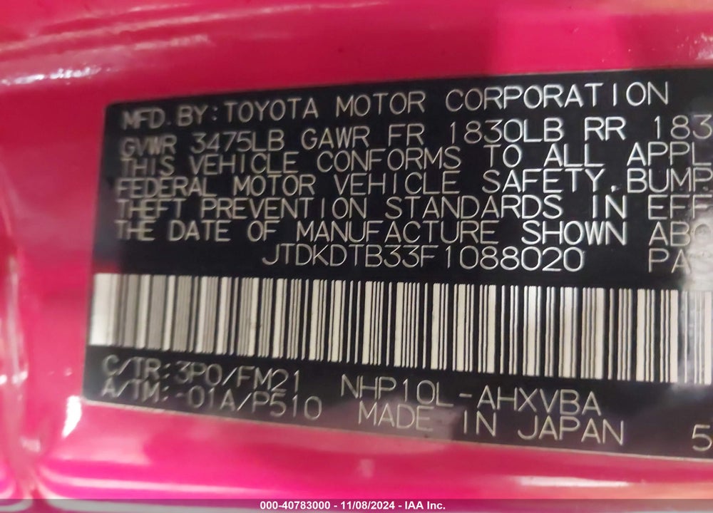 2015 TOYOTA PRIUS C VIN: JTDKDTB33F1088020