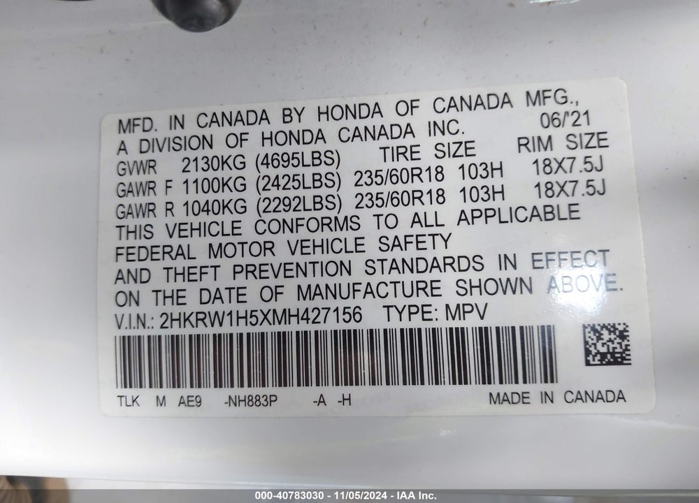 2021 HONDA CR-V 2WD EX VIN: 2HKRW1H5XMH427156