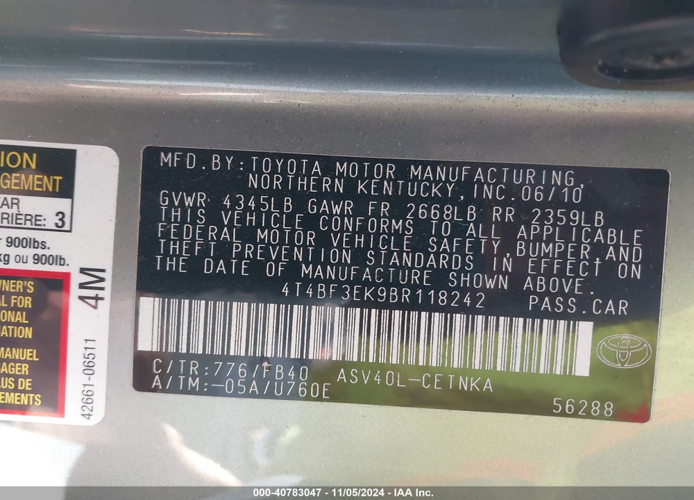 2011 TOYOTA CAMRY LE VIN: 4T4BF3EK9BR118242