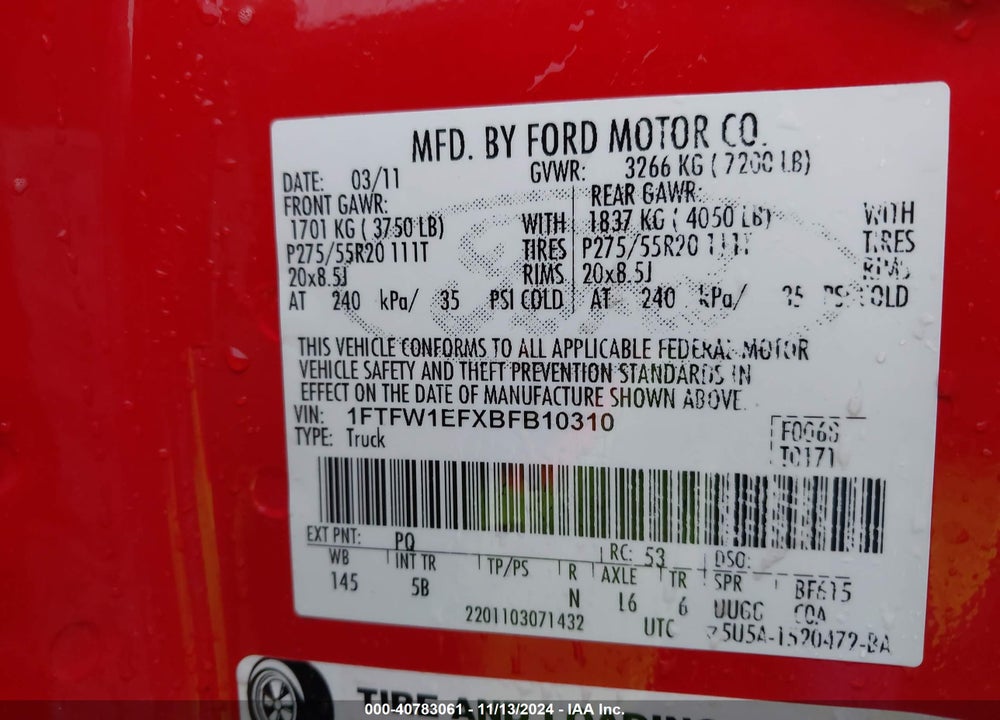 2011 FORD F-150 FX4 VIN: 1FTFW1EFXBFB10310
