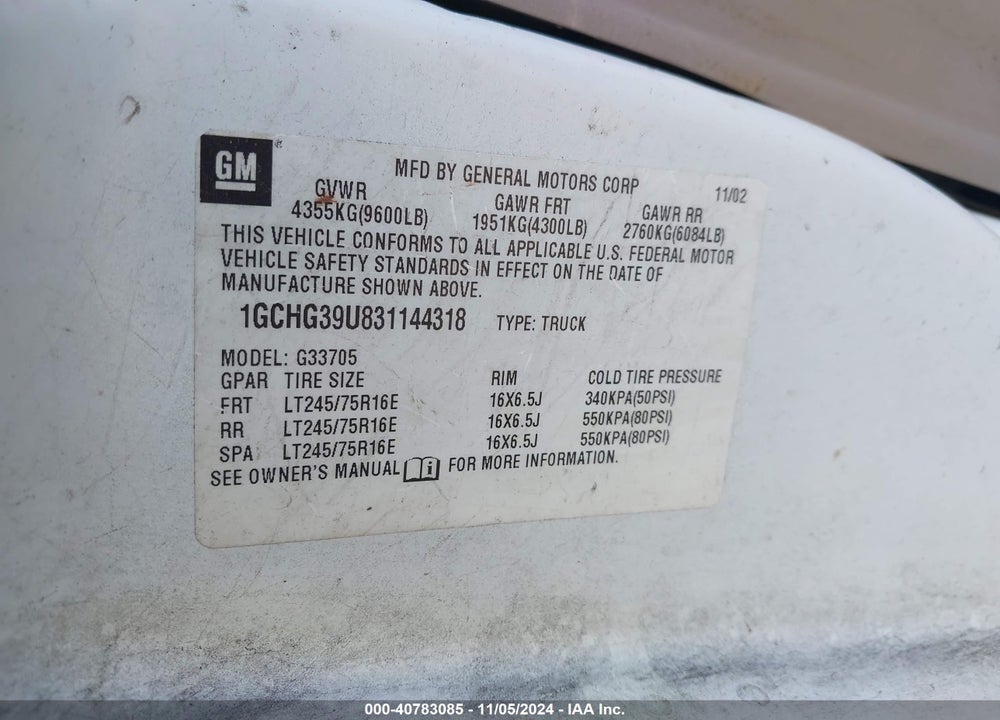2003 CHEVROLET EXPRESS VIN: 1GCHG39U831144318